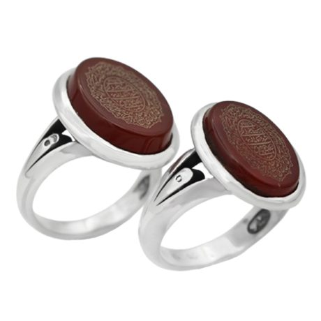 انگشتر ست عقیق سرخ نقره مردانه و زنانه طرح پا اردکی + حرز امام جواد (ع) + آیت الکرسی