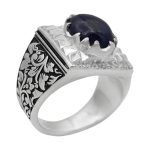 انگشتر یاقوت کبود الماس تراش نقره مردانه دست ساز طرح حافظ