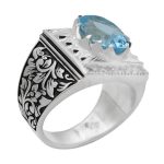 انگشتر توپاز الماس تراش نقره مردانه دست ساز طرح قلم زنی آراد