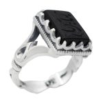 انگشتر عقیق مشکی نقره مردانه طرح علمدار + حکاکی