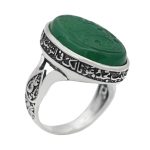 انگشتر عقیق سبز نقره مردانه طرح مظهر + حکاکی یا حسن جان (ع)