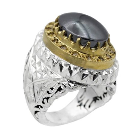 انگشتر دست ساز حدید صینی فاخر ایرانی آرش با مخراجکاری 16 قطعه برلیان + حکاکی