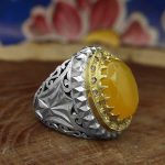 انگشتر دست ساز شرف الشمس فاخر ایرانی اشکبوس با مخراجکاری 15 قطعه برلیان + حکاکی - Image 2