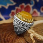 انگشتر دست ساز شرف الشمس فاخر ایرانی اشکبوس با مخراجکاری 15 قطعه برلیان + حکاکی - Image 3