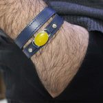 دستبند شرف الشمس نقره چرم سرمه ای بلند کلاسیک طرح کمیل + حکاکی