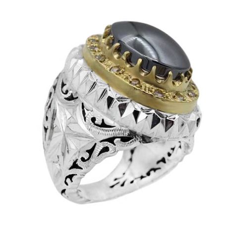 انگشتر دست ساز حدید صینی فاخر ایرانی اشکبوس با مخراجکاری 15 قطعه برلیان + حکاکی