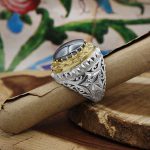 انگشتر دست ساز حدید صینی فاخر ایرانی اشکبوس با مخراجکاری 15 قطعه برلیان + حکاکی - Image 5