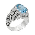 انگشتر توپاز الماس تراش نقره مردانه دست ساز طرح قلم زنی نیما