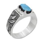 انگشتر فیروزه نیشابوری نقره مردانه دست ساز طرح حبیب + 6 قطعه برلیان