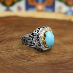 انگشتر فیروزه نیشابوری نقره دست ساز مردانه طرح قلمکاری آراد - Image 3