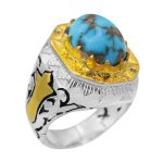 انگشتر فیروزه نیشابوری نقره مردانه دست ساز طرح عنایت + 4 قطعه برلیان