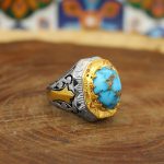 انگشتر فیروزه نیشابوری نقره مردانه دست ساز طرح عنایت + 4 قطعه برلیان - Image 2