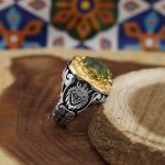 انگشتر زبرجد الماس تراش نقره مردانه دست ساز طرح اسد + 4 قطعه برلیان - Image 2