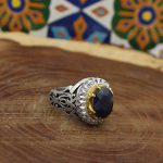 انگشتر یاقوت کبود الماس تراش نقره مردانه طرح عبدالله - Image 2