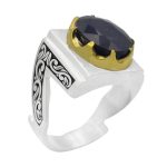 انگشتر یاقوت کبود الماس تراش نقره مردانه دست ساز طرح نریمان