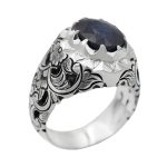 انگشتر یاقوت کبود الماس تراش نقره مردانه دست ساز طرح جمشید