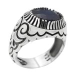 انگشتر یاقوت کبود الماس تراش نقره مردانه طرح تیرداد