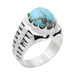 انگشتر فیروزه نیشابوری نقره مردانه دست ساز طرح مهران + 4 قطعه برلیان