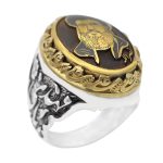 انگشتر حدید صینی نقره مردانه طرح دورطلایی یامهدی + شمایل سید حسن نصرالله